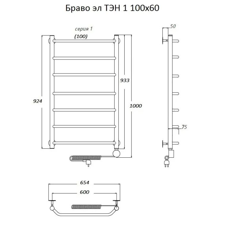 Электрический полотенцесушитель Тругор Браво 1 элТЭН 100x60 Хром