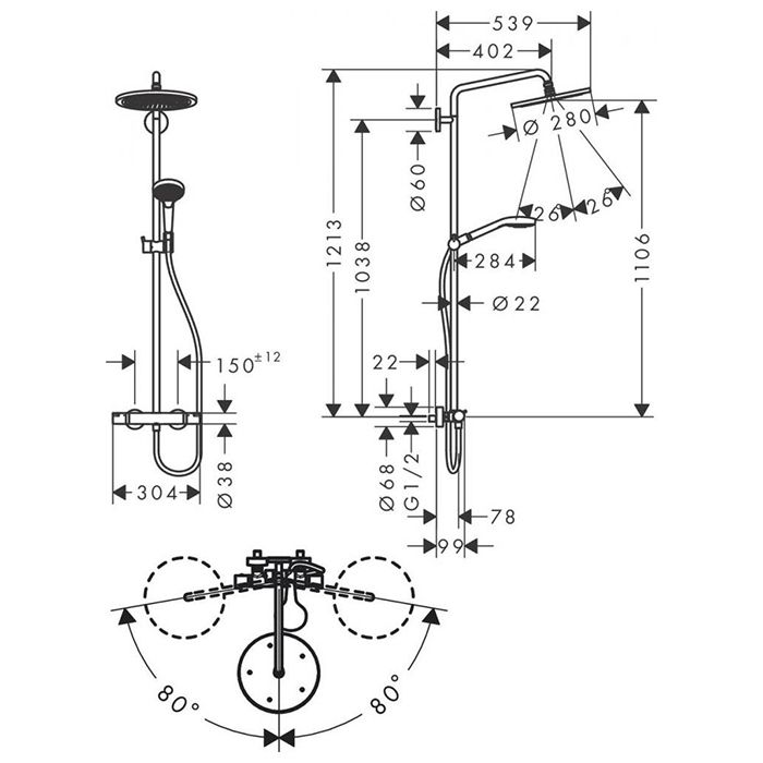 HG Croma Select S Showerpipe 280 1jet EcoSmart 9 л/мин с термостатом и ручным душем Raindance Select S 120 3jet, цвет белый матовый