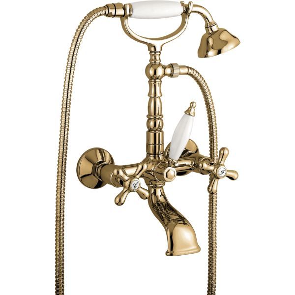 Emmevi Deco Old, двухвентильный смеситель для ванны (излив 14 см), с набором для душа (лейка и дивертер с белой ручкой), цвет бронза