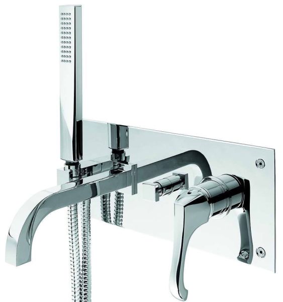 Emmevi Ares, встраиваемый в стену однорычажный смеситель для ванны (излив 17,9 см), с панелью и набором для душа, цвет бронза