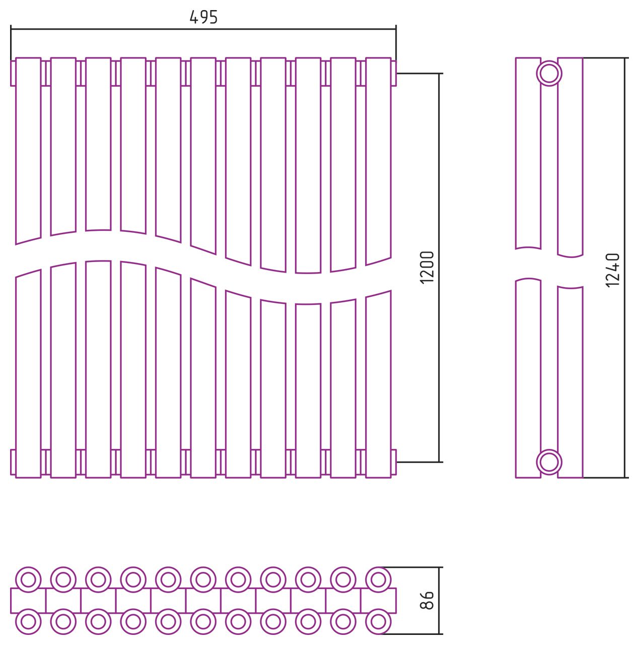 Отопительный радиатор ЭСТЕТ-00 н/ж 1200х495 / 11 сек (Матовый ЧЁРНЫЙ)