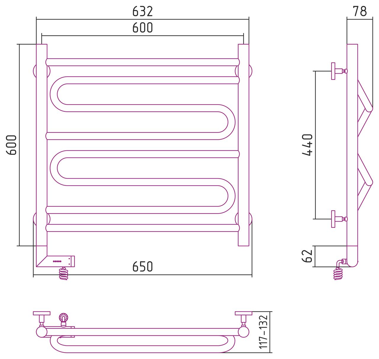 Полотенцесушитель электрический "ЭЛЕГИЯ 2.0" 600х600 / МЭМ левый (Матовый белый)