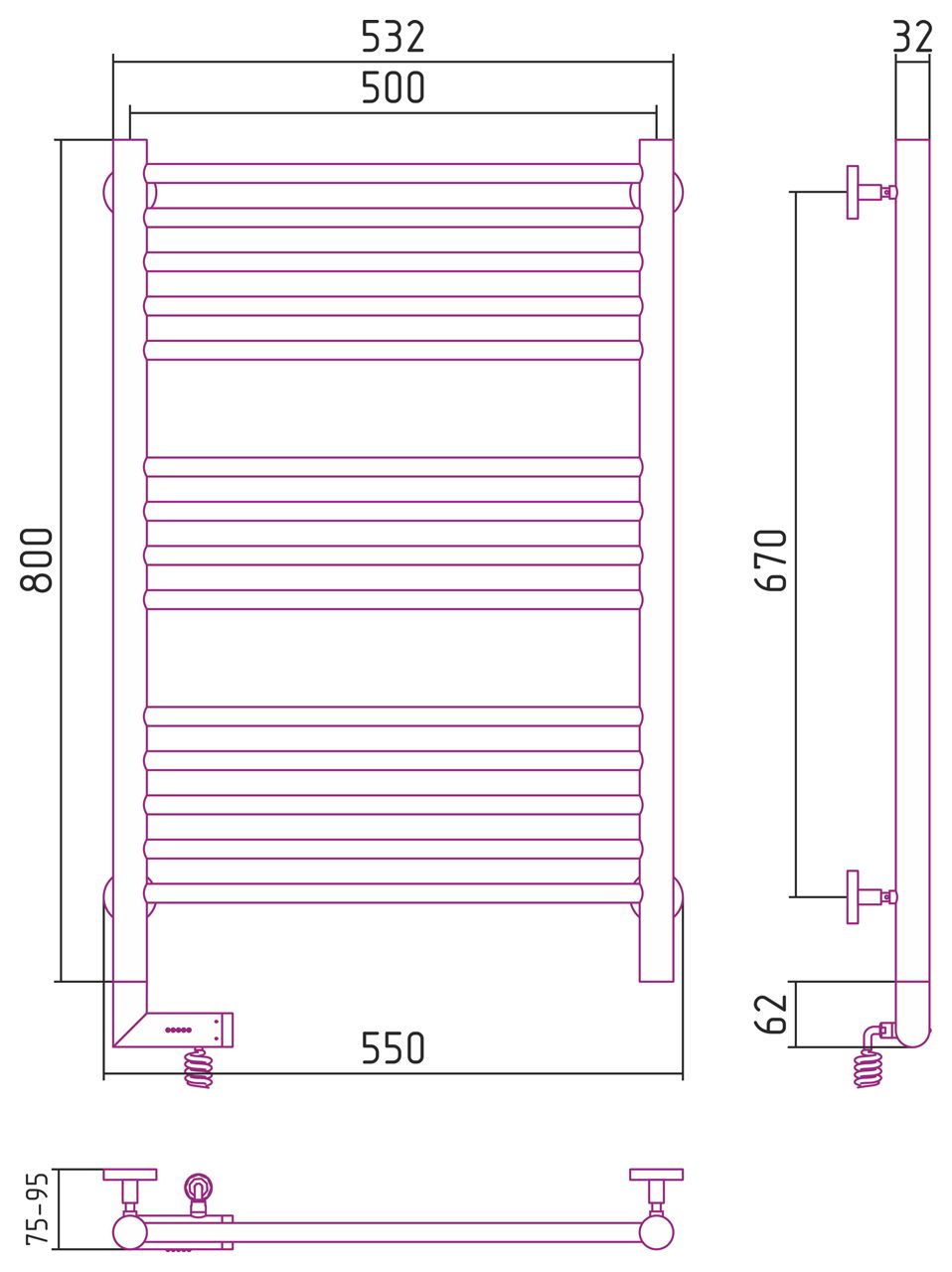 Полотенцесушитель электрический "БОГЕМА 2.0" прямая 800х500 / МЭМ левый (Без покрытия)