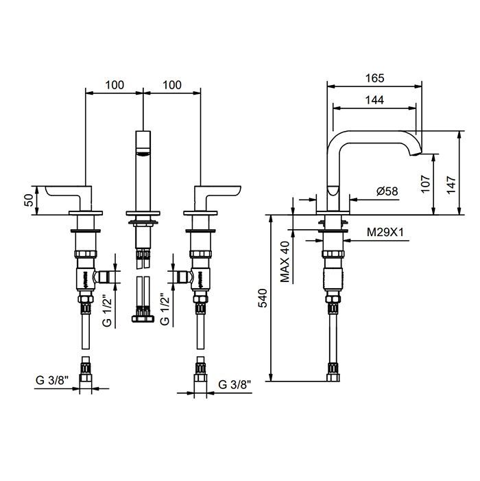 Fantini Icona Deco Смеситель для раковины, 3 отв., без донного клапана, излив 145мм, цвет: никель