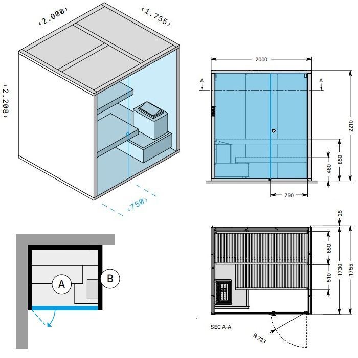 Effegibi BodyLove S Сауна 200x176xh220 см, размещение в угол R.H., S.X., отделка хемлок, наружные стены гладкий хемлок