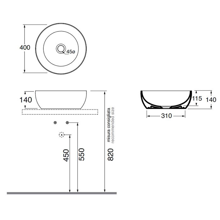 AZZURRA COMODA  раковина чаша 40х40х14 см без отв. под смеситель , цвет carbone