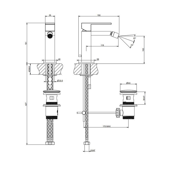 Gessi Rettangolo Смеситель для биде на 1 отверстие, с донным клапаном, цвет: черный