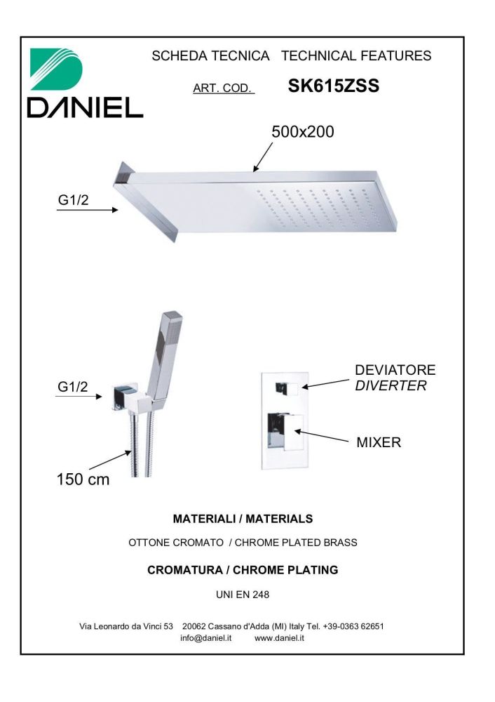 Daniel Skyline, душевой комплект на 2 потребителя, с консольной душевой головкой 50x20 см, 1 режим: дождь, цвет хром, артикул SK615ZSS-CR