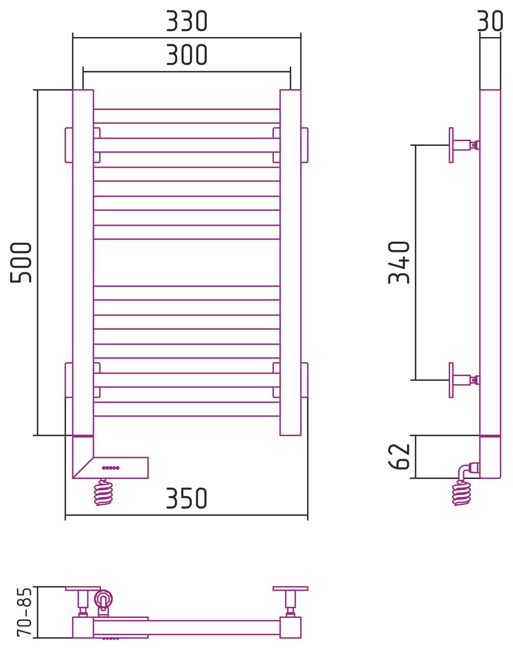 Полотенцесушитель электрический "МОДУС 2.0" 500х300 / МЭМ левый (Без покрытия)