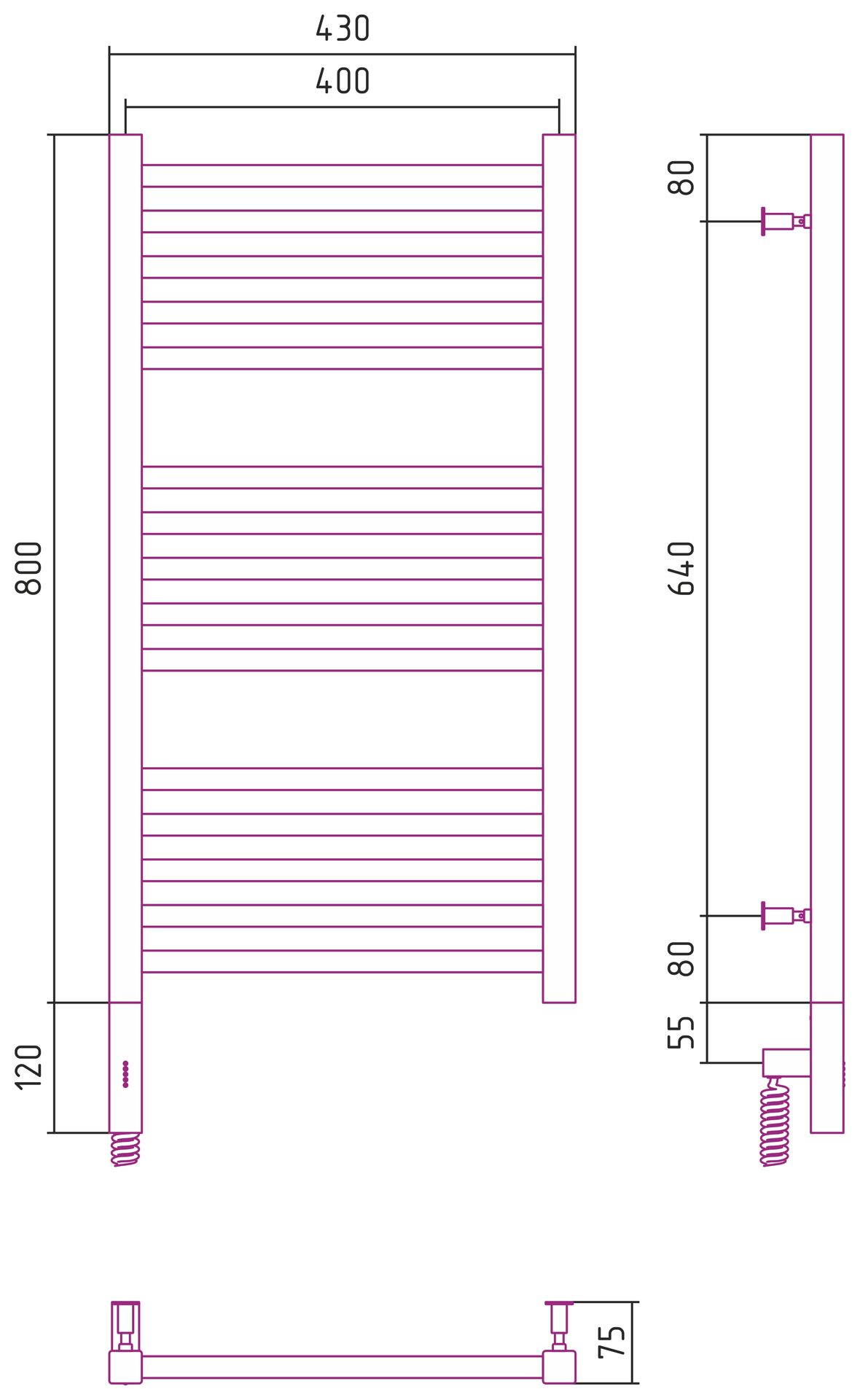 Полотенцесушитель электрический "МОДУС 3.0" 800х400 / МЭМ левый (Без покрытия)