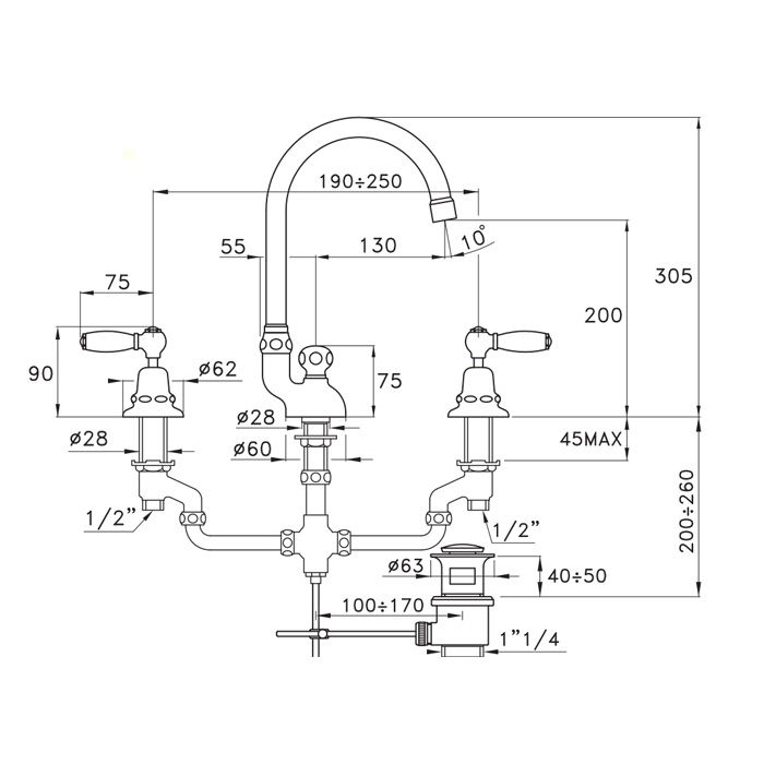 Stella Italica Leve Смеситель для раковины на 3 отверстия 3226, с донным клапаном, цвет: хром
