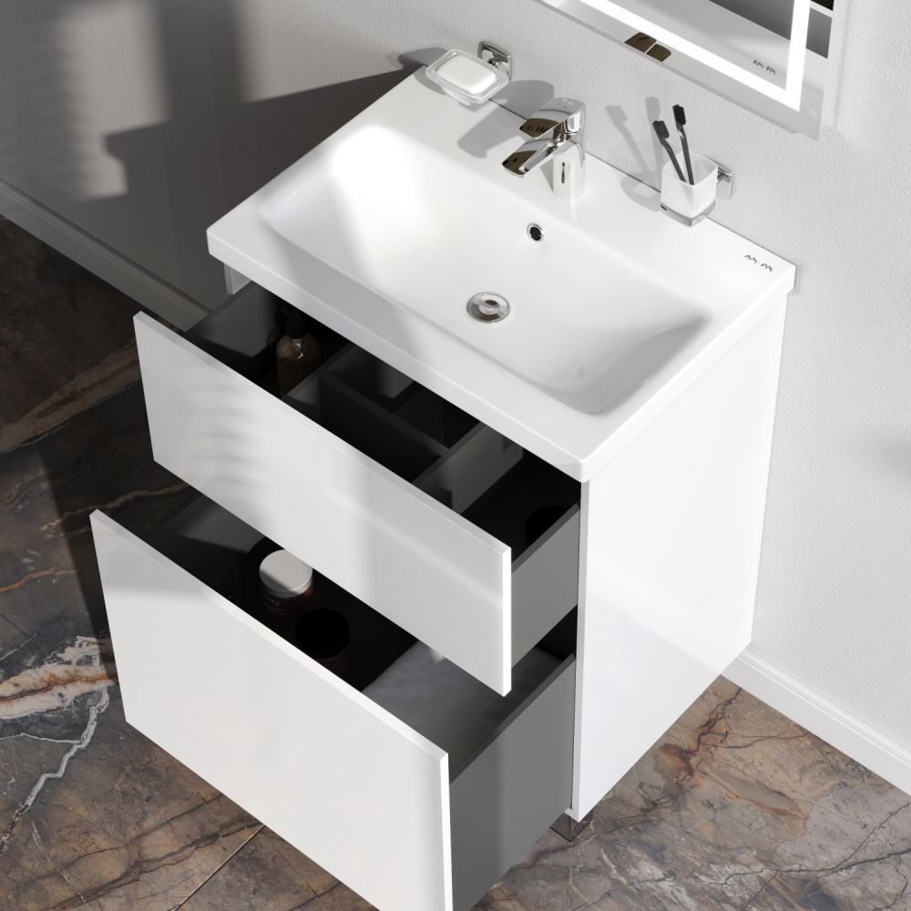 M90FSX06022WG32 GEM, База под раковину, напольная, 60 см, 2 ящика push-to-open, цвет: белый, глянец M90FSX06022WG32 GEM, База под раковину, напольная, 60 см, 2 ящика push-to-open, цвет: белый, глянец