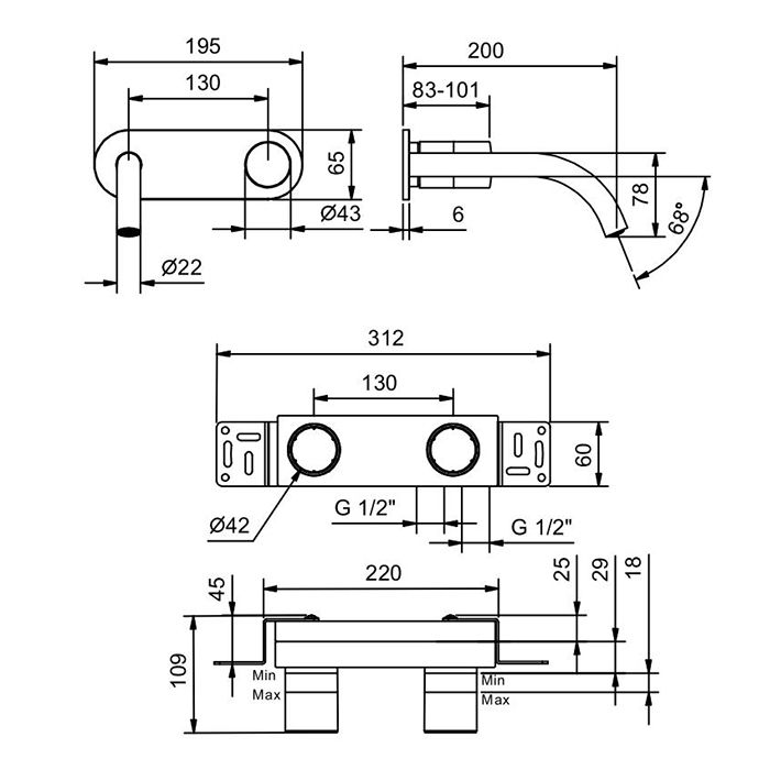 Fantini Nice Смеситель для раковины, встраиваемый, на 2 отв, без донного клапана, излив 200мм (наружняя часть), цвет: хром