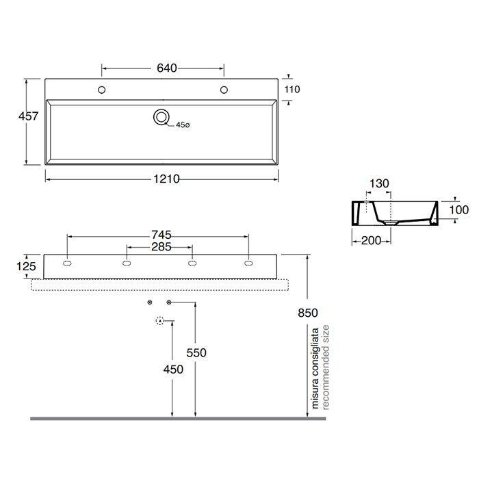 AZZURRA ELEGANCE Squared  Раковина подвесная/накладная 122х45см c 2отв. под 2 смесителя , цвет белый