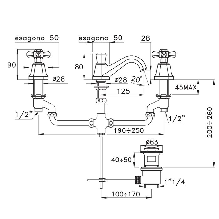 Stella Eccelsa Смеситель для раковины на 3 отверстия 3224, с донным клапаном, цвет: золото 24К
