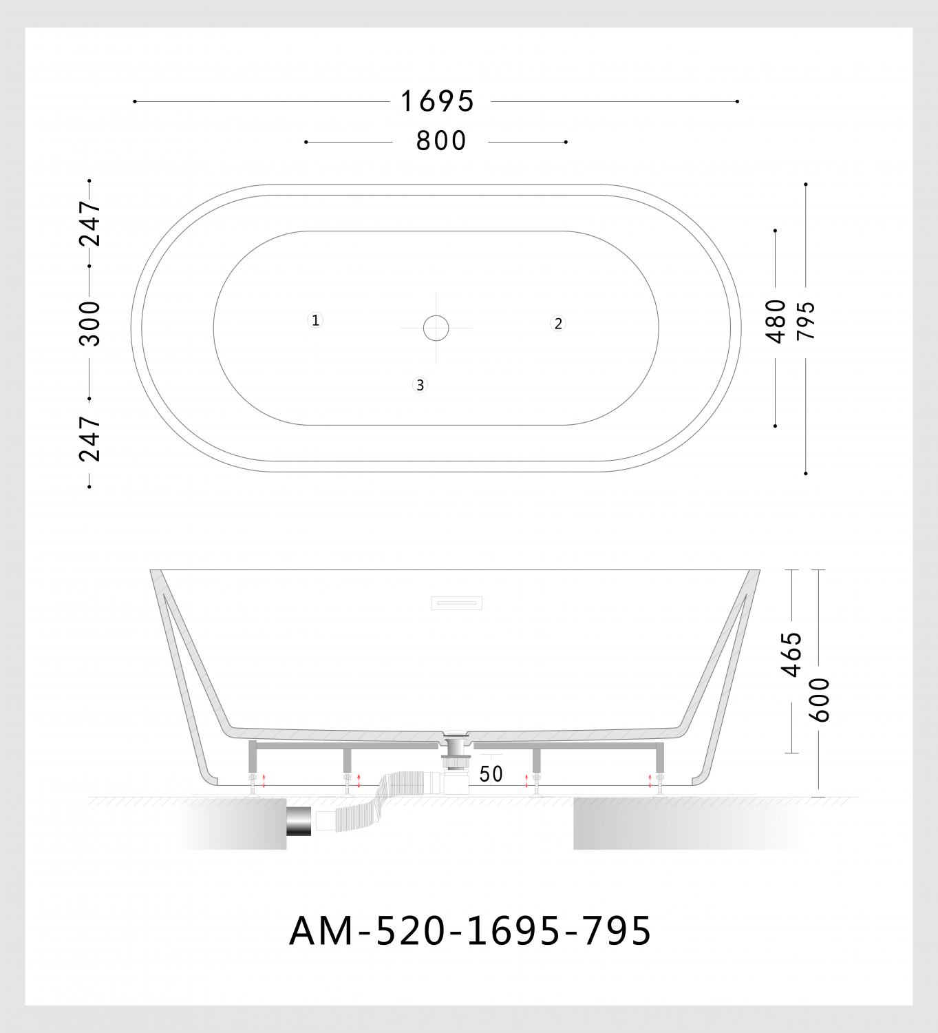 Акриловая ванна ARTMAX AM-520-1695-795 отдельно стоящая со сливом-переливом ,сифон в комплекте, артикул AM-520-1695-795