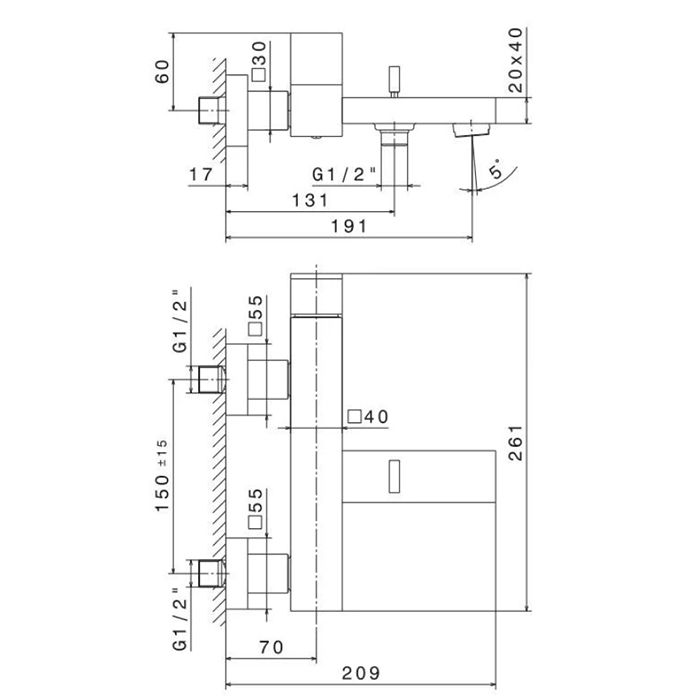 Смеситель для ванны FUTURA настенный с дивертором ванна/душ, без лейки, хром