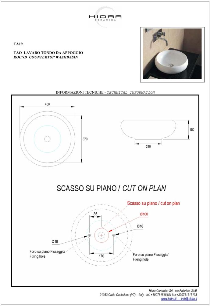 Hidra Tao, накладная круглая раковина Ø43х15h см, цвет черный матовый, артикул TA19/026