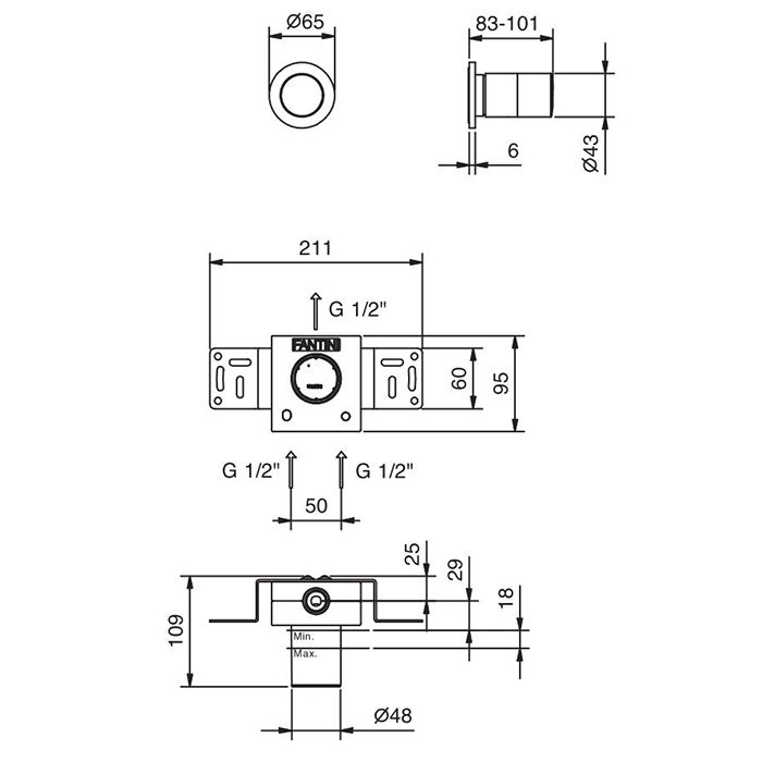 Fantini Nice Смеситель для душа, встраиваемый, на 1 источник, (без ручки, наружняя часть), цвет: хром