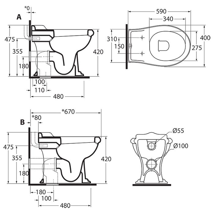 AZZURRA JUBILAEUM унитаз напольный 59*40см слив в стену, цвет белый с креплением к полу