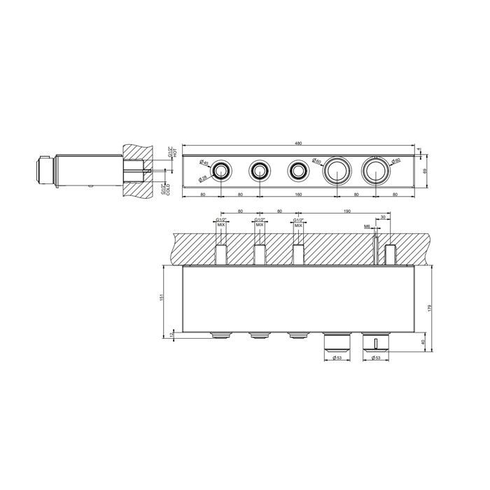 GESSI HI-FI ECLECTIC Смеситель для душа настенный встраиваемый, термостатический, с полкой, с 3 запорными кнопками, цвет хром