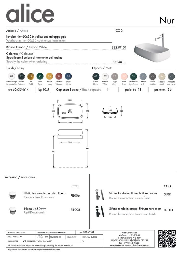 Alice Nur, накладная прямоугольная раковина с закругленными краями 60x35x14h см, цвет белый глянцевый, артикул 33250101