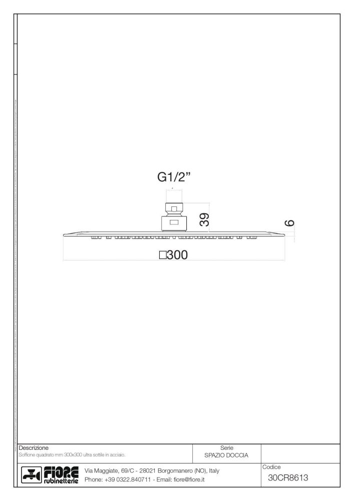 Fiore Shower, квадратный ультратонкий верхний душ 30х30 см, цвет хром, артикул 30CR8613