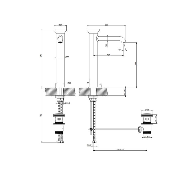 GESSI Origini Смеситель для раковины высокий с донным клапаном, в компл с отд вставкой, цвет Copper Brushed PVD