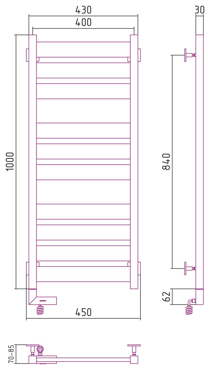 Полотенцесушитель электрический "ЦЕНТУРИОН 2.0" 1000х400 / МЭМ левый (Матовый БЕЛЫЙ)