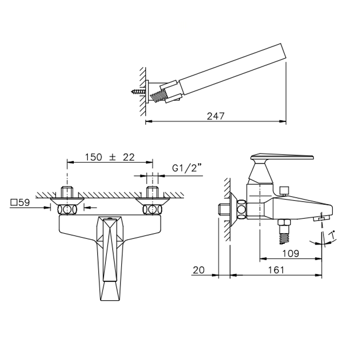 Nicolazz Vincent Смеситель для ванны на 2 отверстия, настенный, с душевой лейкой, цвет: хром