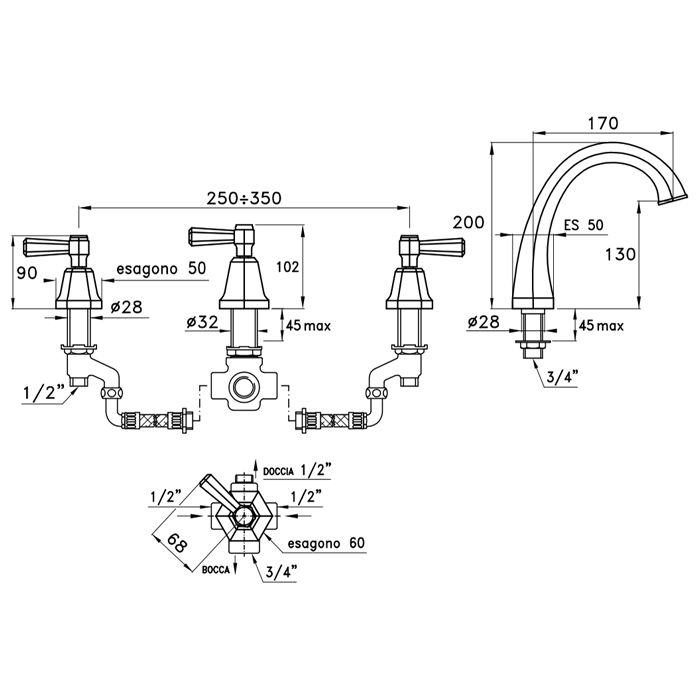 Stella Eccelsa Leve Смеситель на борт ванны на 4 отверстия 3256TR, цвет: хром