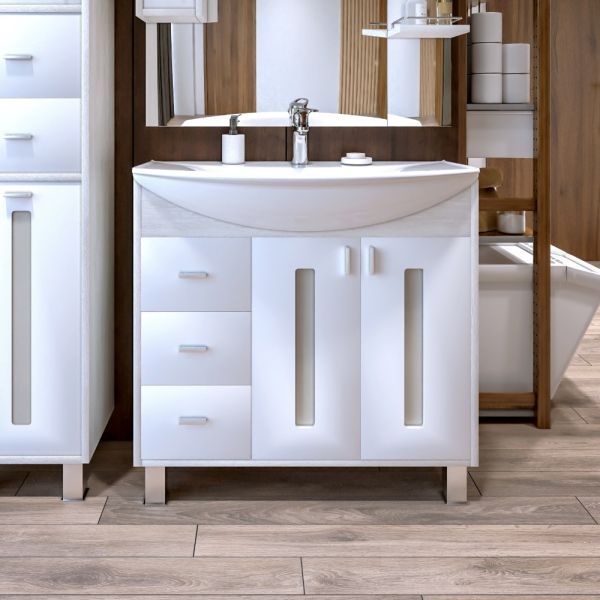 Тумба под раковину напольная Бриклаер БАЛИ светлая лиственница/белый, 85 см