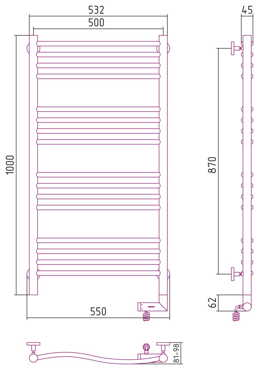 Полотенцесушитель электрический "ФЛЮИД 2.0" 1000х500 / МЭМ правый (Матовый черный)