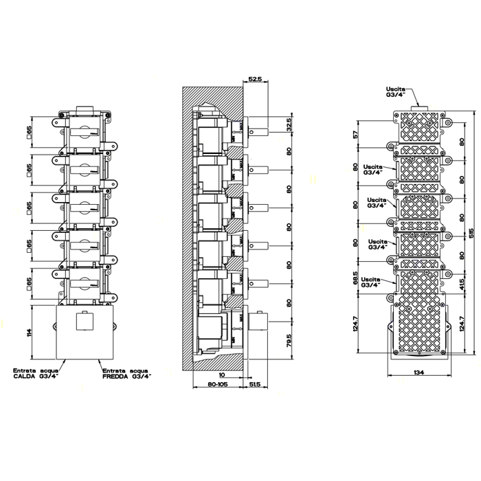 Gessi Rettangolo Встраиваемый термостат, подключение на 3/4”, с 5ю независимыми выходами(внешние части), цвет: хром