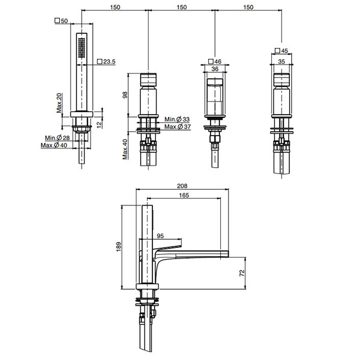 Fima Carlo Frattini Fit Смеситель на борт ванны, на 4 отв., с ручным душем, цвет: чёрный матовый