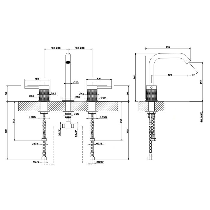 GESSI 316 Смеситель для раковины на 3 отверстия, без донного клапана, излив 156мм, h=201мм, цвет: steel brushed