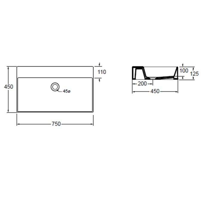 AZZURRA ELEGANCE Squared раковина подвесная/накладная  75х45см без отв. под смеситель , цвет белый