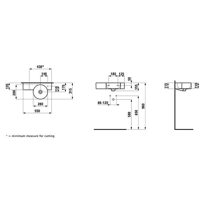Laufen VAL Раковина мини полка слева, 550x315x115 мм, отв. под смеситель справа, подрезаемая до 430 мм, цвет: белый (без полотенцедержателя)