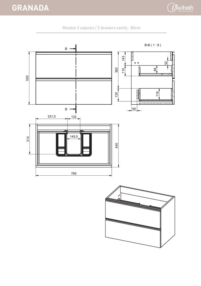 Visobath Granada, тумба 80 см, 2 ящика c черными ручками, цвет бежевый матовый лак (Cotton), артикул 70455/87602
