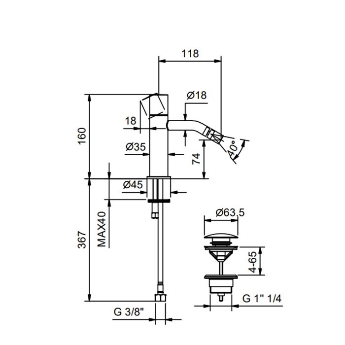 Смеситель для биде, Fantini, Nostromo, тип открывания воды-однорычажный, тип регулирования воды-керамический картридж, отверстия для монтажа-1, высота, мм-160, вынос излива, мм-118, донный клапан-есть, тип подводки-гибкая, стандарт подвода воды-3/8", цвет