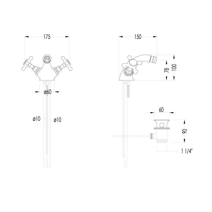 Devon & Devon Austin Смеситель для биде с донным клапаном, жёсткая (трубка) подводка воды, цвет хром, артикул UTAU920CR