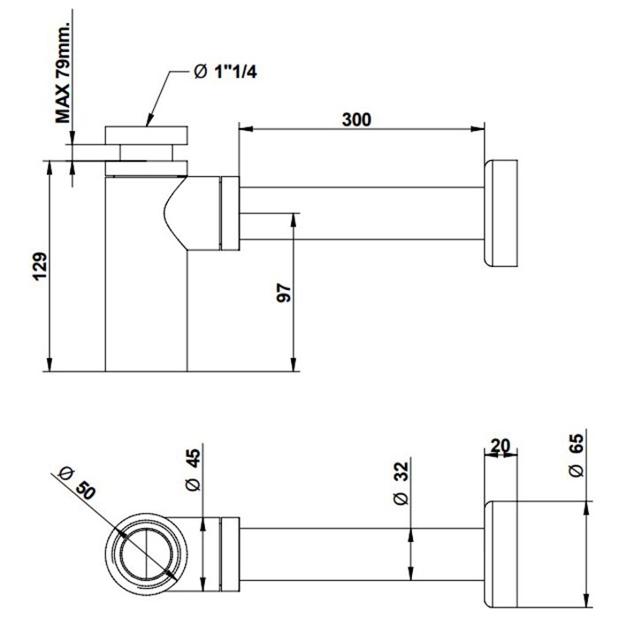 Bongio Complements Сифон цилиндрический под донный клапан 1.1/4” с трубкой 300 мм, цвет: хром