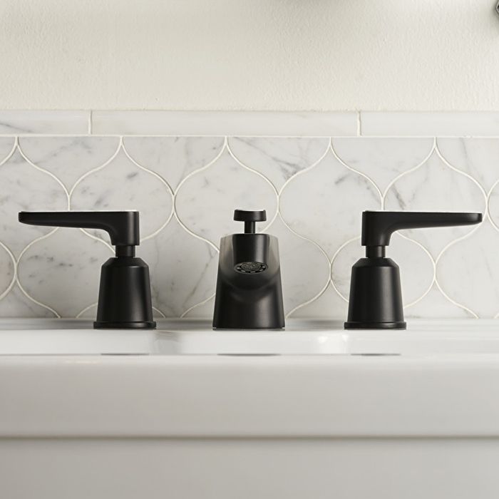 DEVON&DEVON TWENTIES Смеситель для раковины на 3 отверстия, в комплекте с донным клапаном, цвет черный матовый, вставки Bianco Carrara, артикул TWY900MBMCA_EU