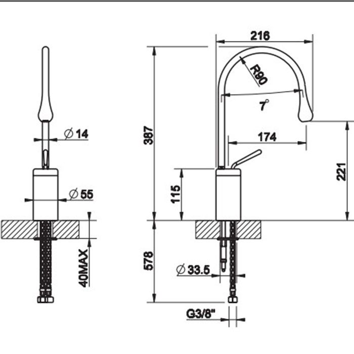 Gessi Goccia Смеситель для раковины на 1 отверстие, высокий, излив 174мм R=90, с фиксированным носиком,  цвет: хром