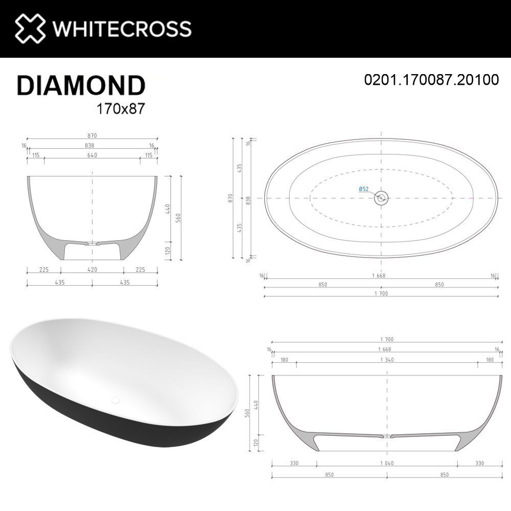 Ванна WHITECROSS Diamond 170x87 (черный/белый мат) иск. камень