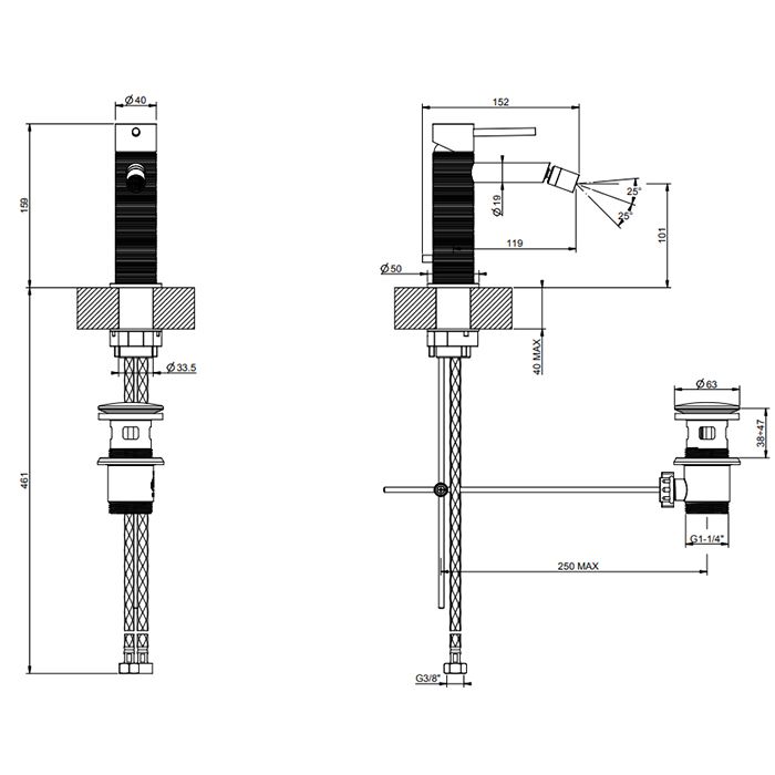 GESSI 316 Смеситель для биде на 1 отверстие, с донным клапаном, излив 118мм, цвет: brushed black metal pvd
