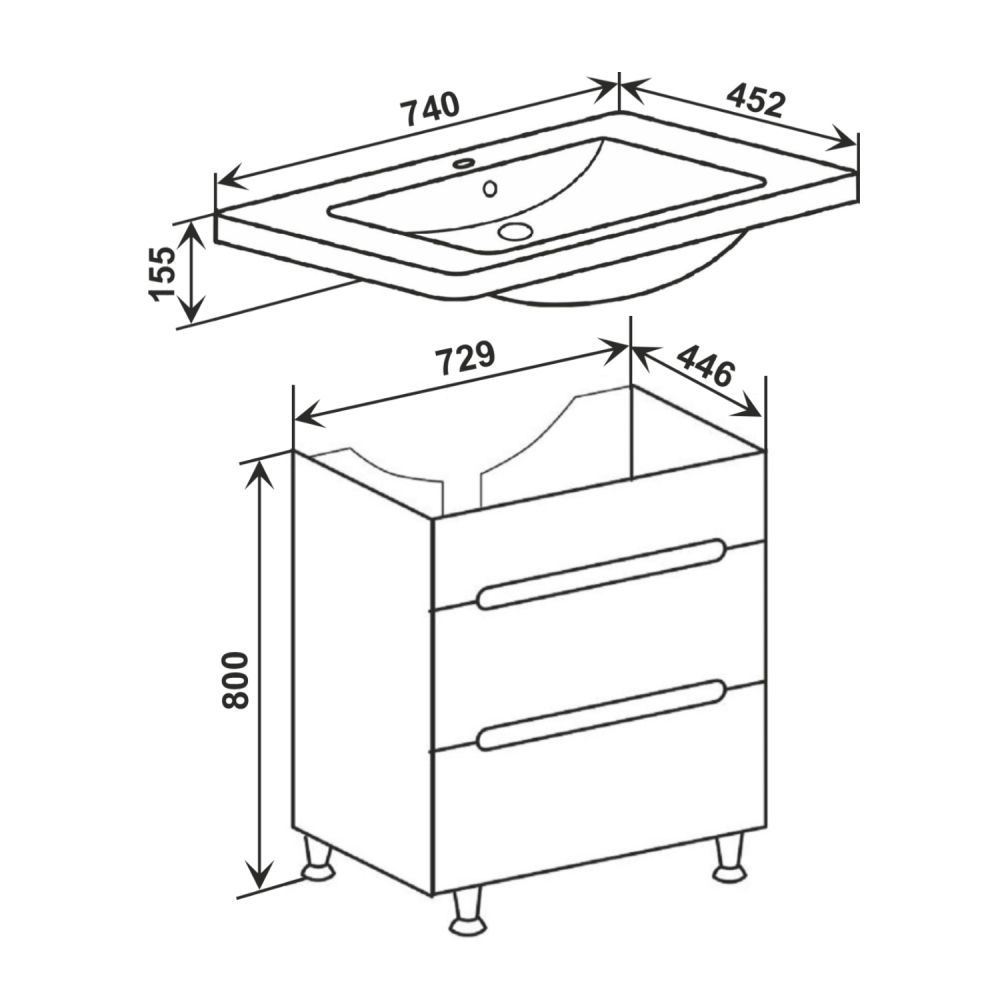 Тумба Runo Парма 75 напольная 2 ящика под умывальник УТ000001838 (Omega 75) (00000001141), артикул 00000001141