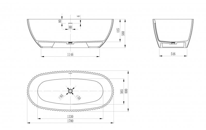 Ванна из искусственного камня Solid Surface 1700x800x560, CEZARES CZR-BELLAGIO-170-80-56-SSB, артикул CZR-BELLAGIO-170-80-56-SSB