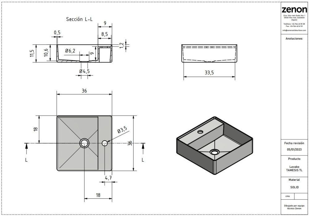 Zenon Tamesis, накладная раковина квадратной формы с отверстием под смеситель, 36х36х11,5 см, цвет белый матовый, артикул 4000.000.000.000.26114