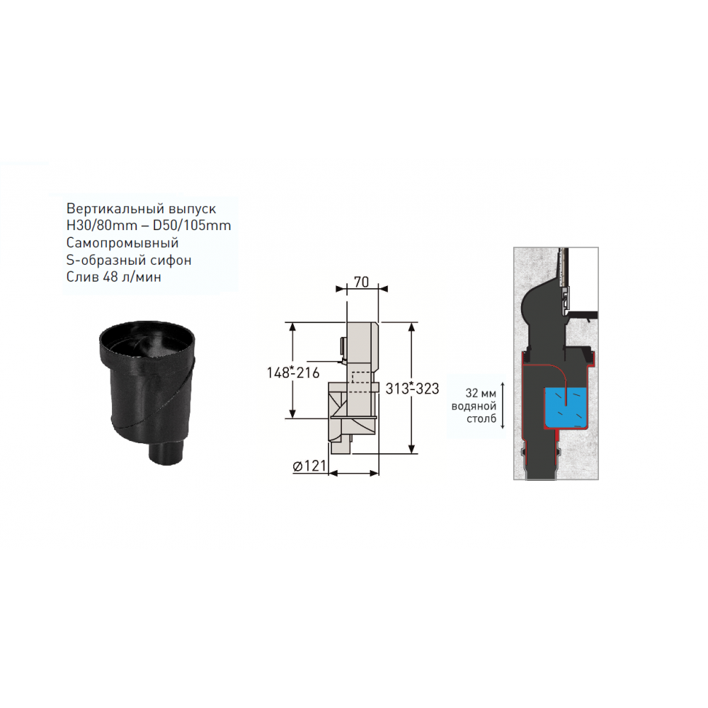 Желоб BERGES водосток WALL 1000 пристенный, золото глянец, S-сифон D50/105 H50 вертикальный